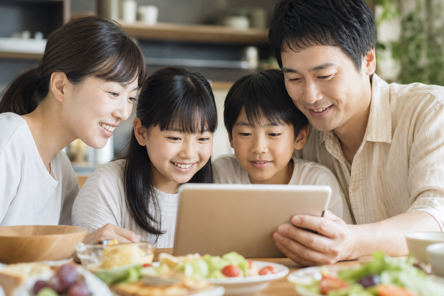 家族4人が朝食時にタブレットで健康データを確認している温かい情景