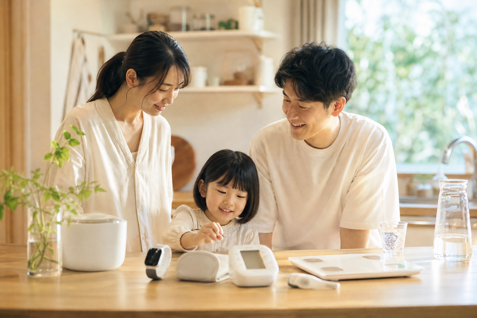 家族の健康管理を始めるための机の上に並んだデバイスたち