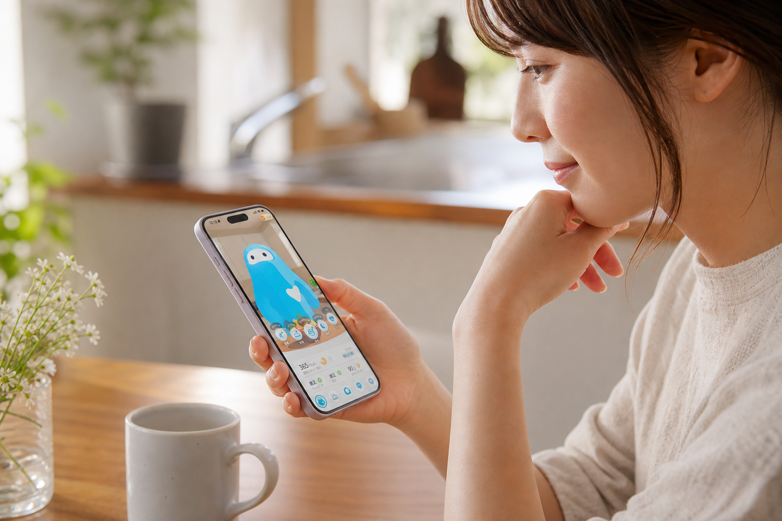 朝のキッチンでスマートフォンのアプリで健康データを確認する人物