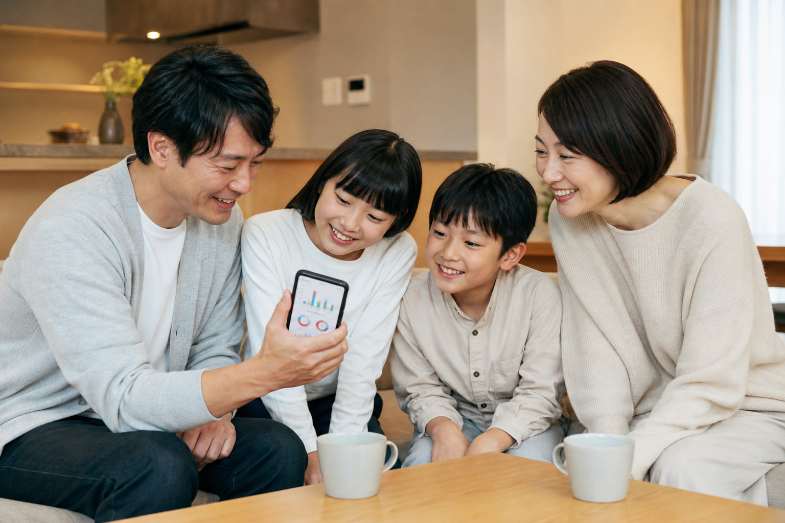家族でスマートフォンの健康データを一緒に確認しているリビングの様子