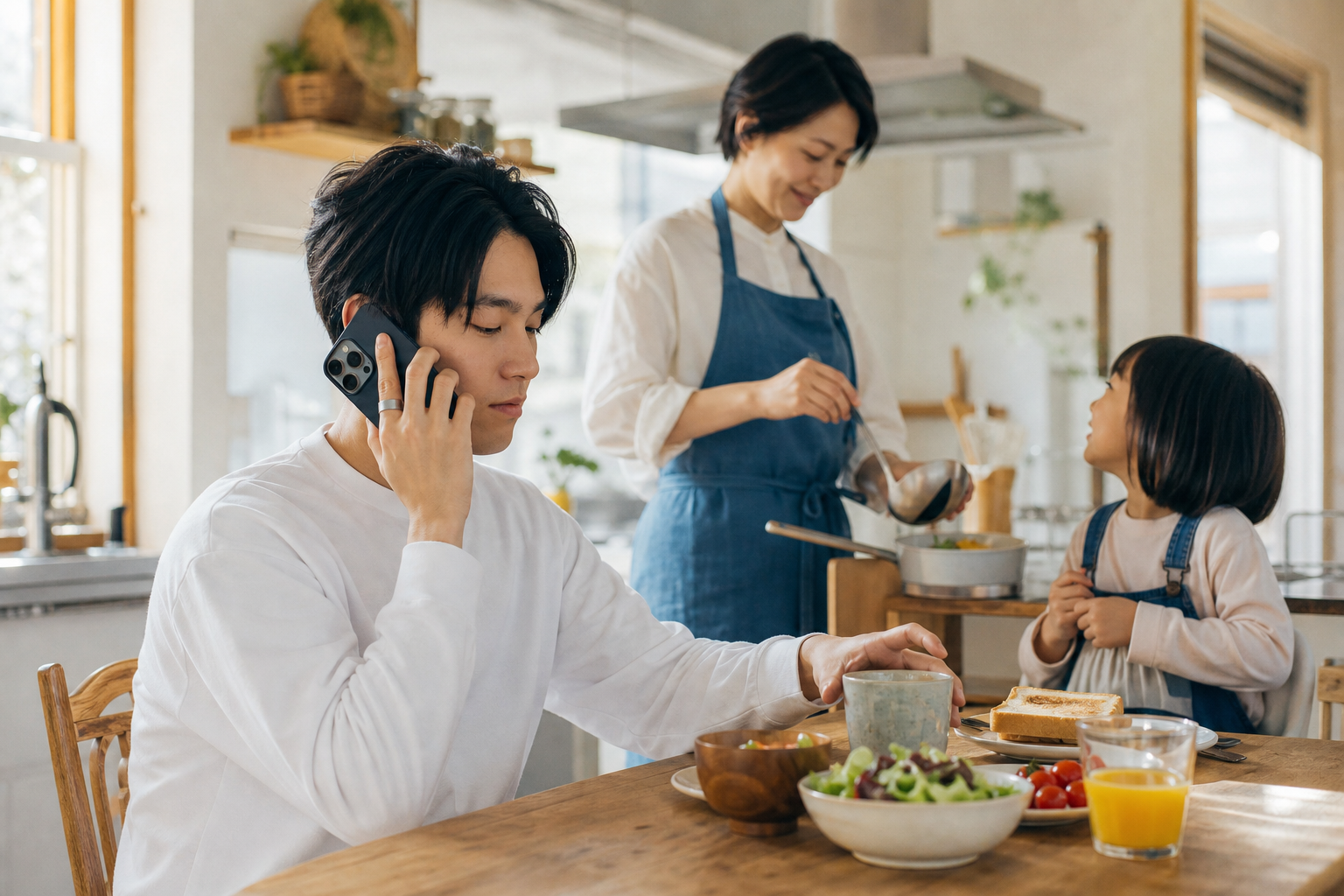 家族が朝食を一緒に準備するほのぼのとした朝の風景