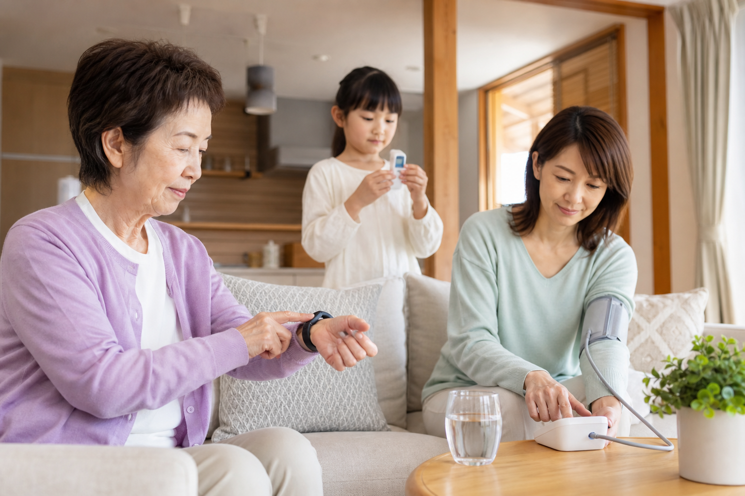 多世代家族が各自のデバイスを使っている生活シーン