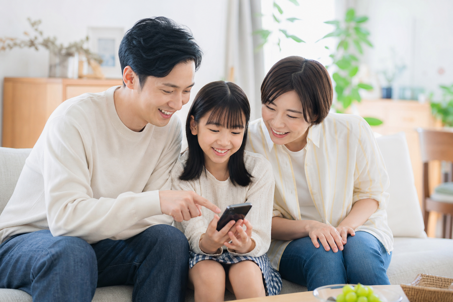 家族で健康データを確認するリビングの情景