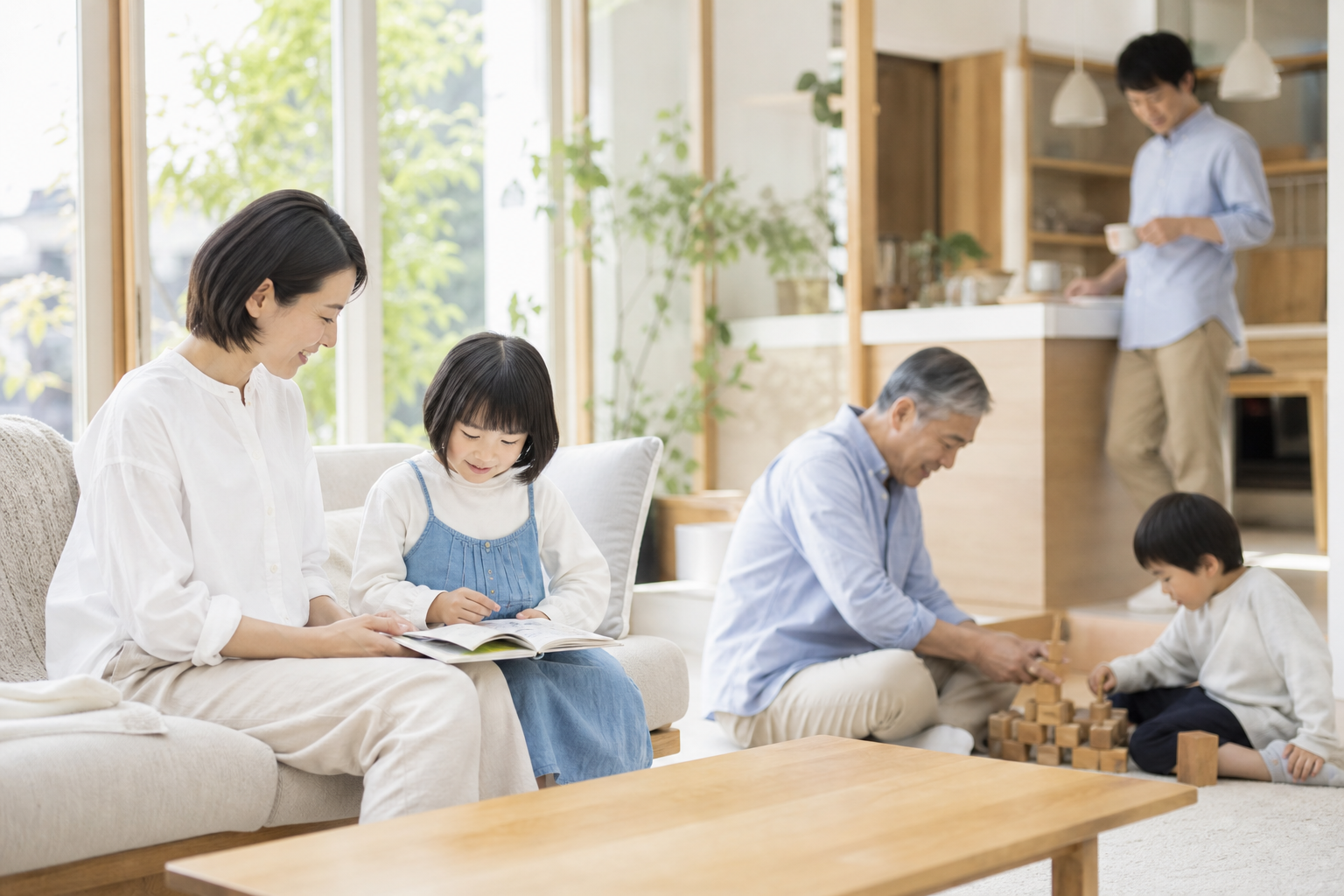 家族が朝の習慣の中で健康管理ツールを自然に使う風景