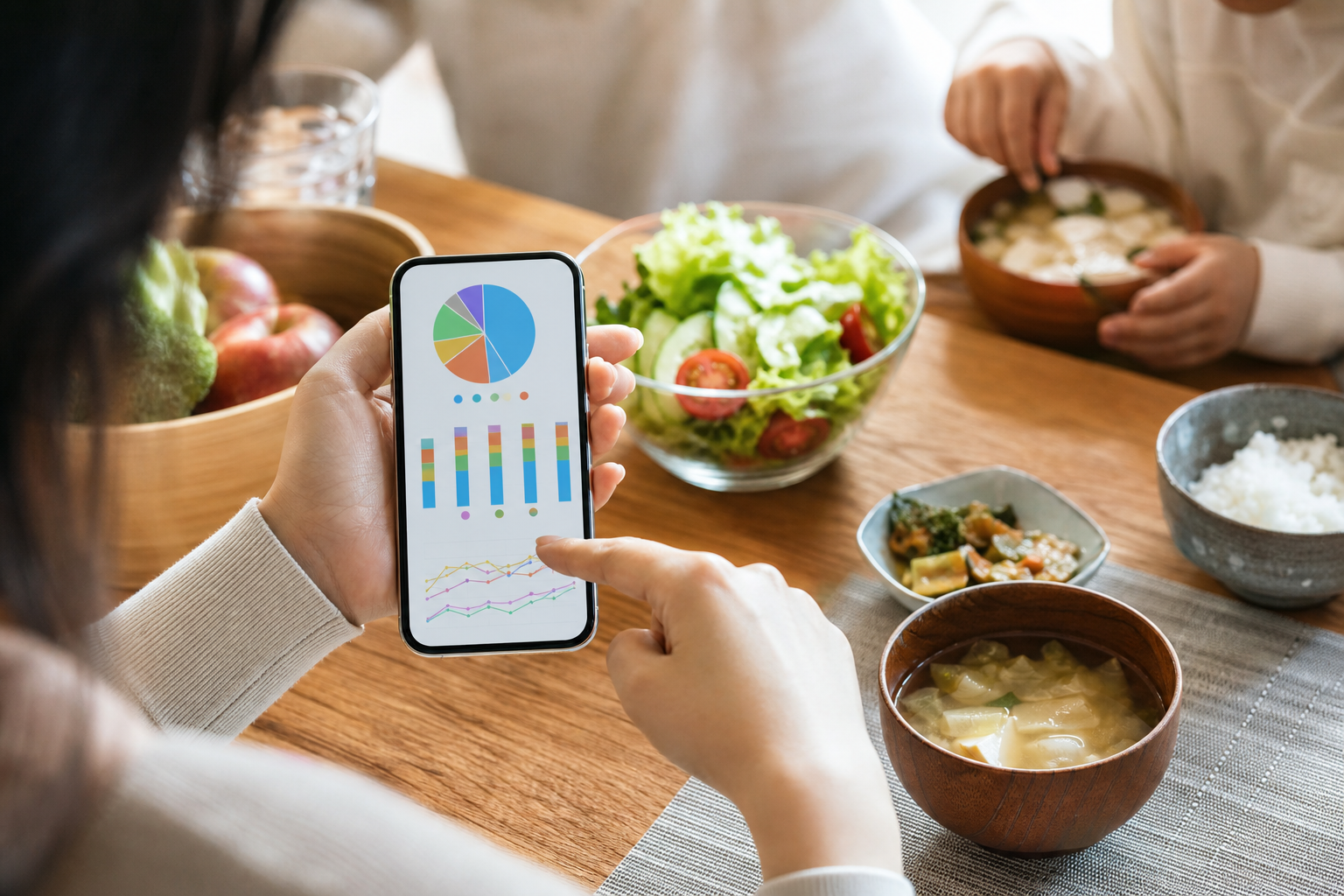 ウェリーアプリで家族の食事バランスを確認するシーン