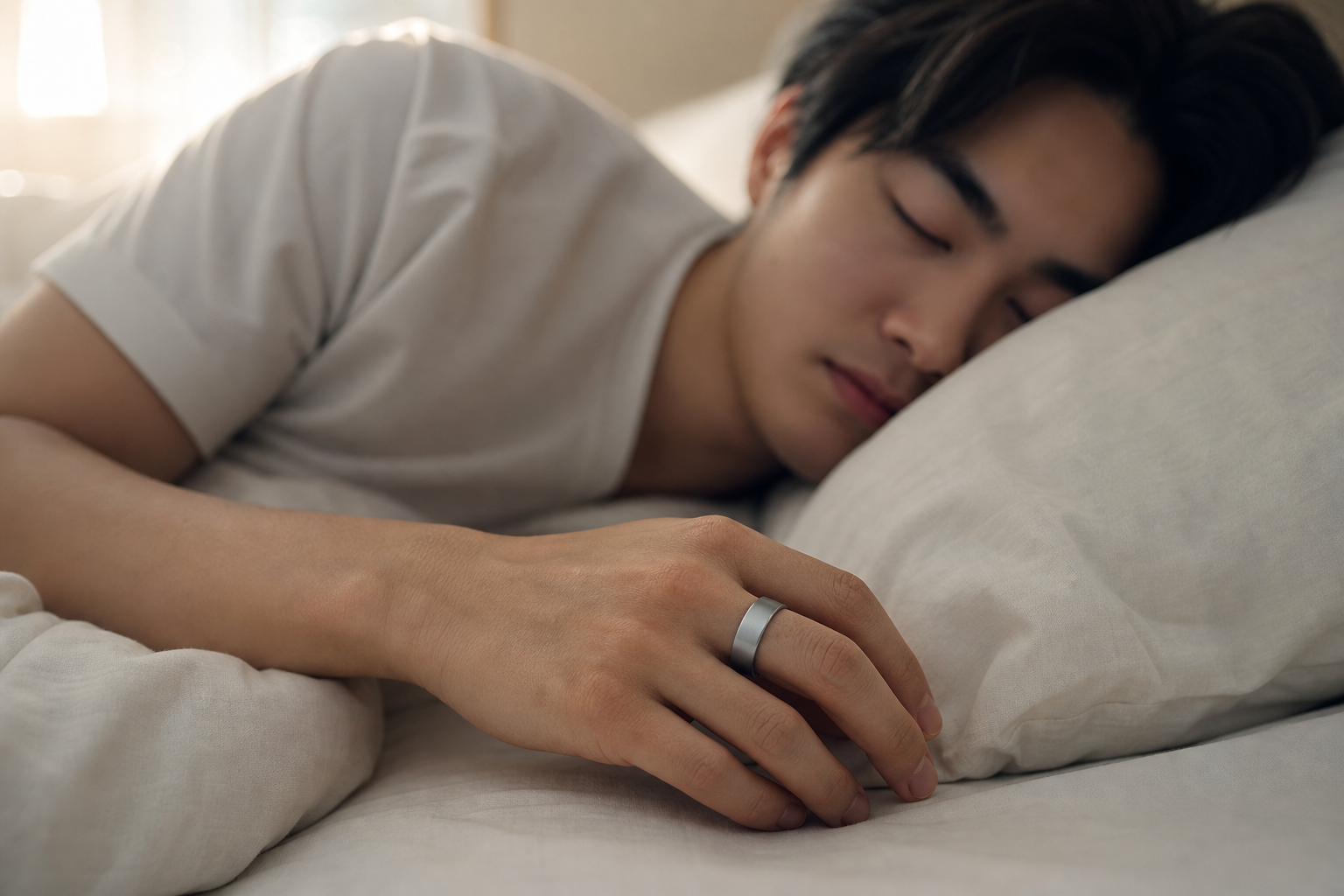 スマートリカバリーリングを着けて安眠する人物の寝室シーン