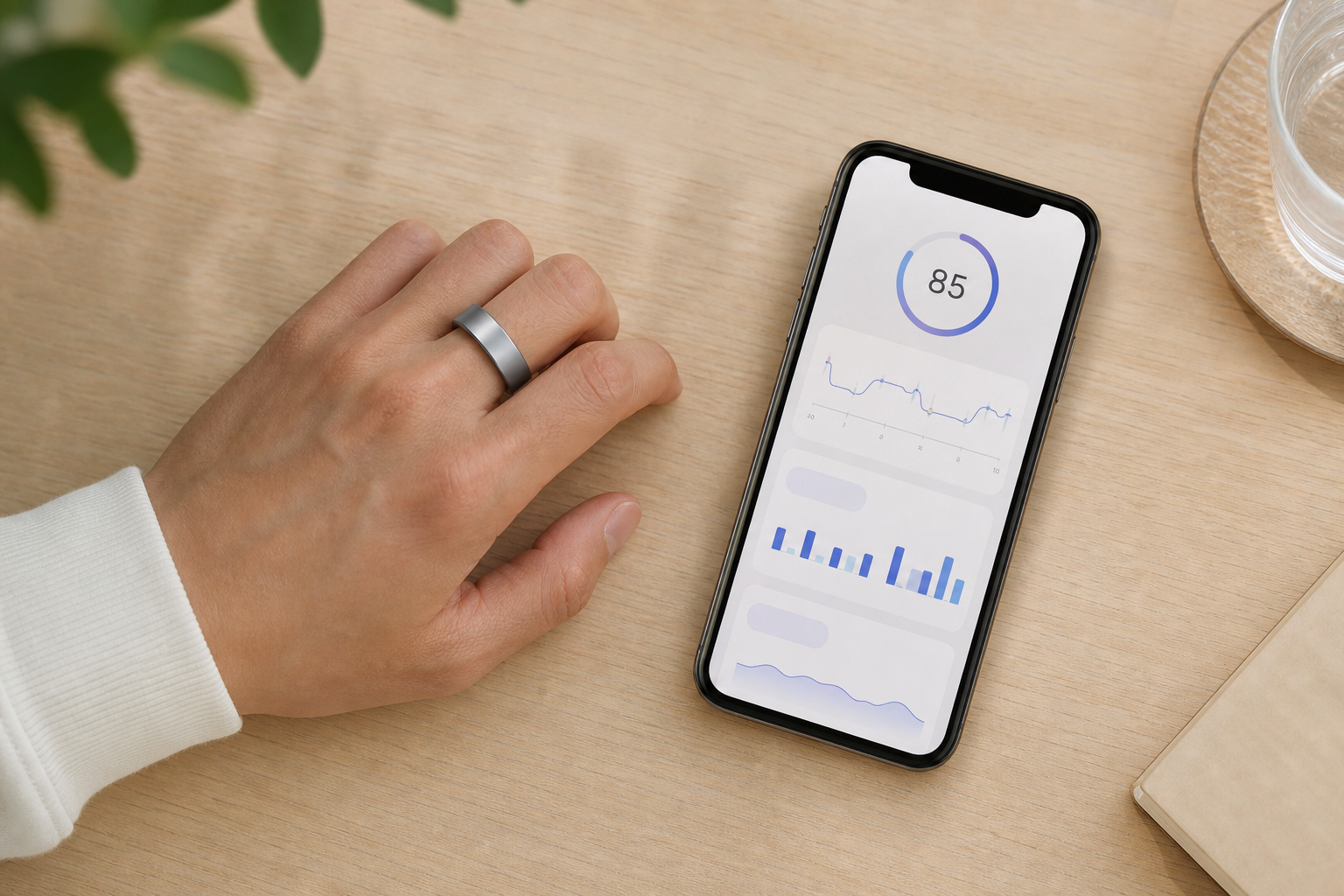 スマートリングと睡眠・回復スコアを表示したスマートフォン画面