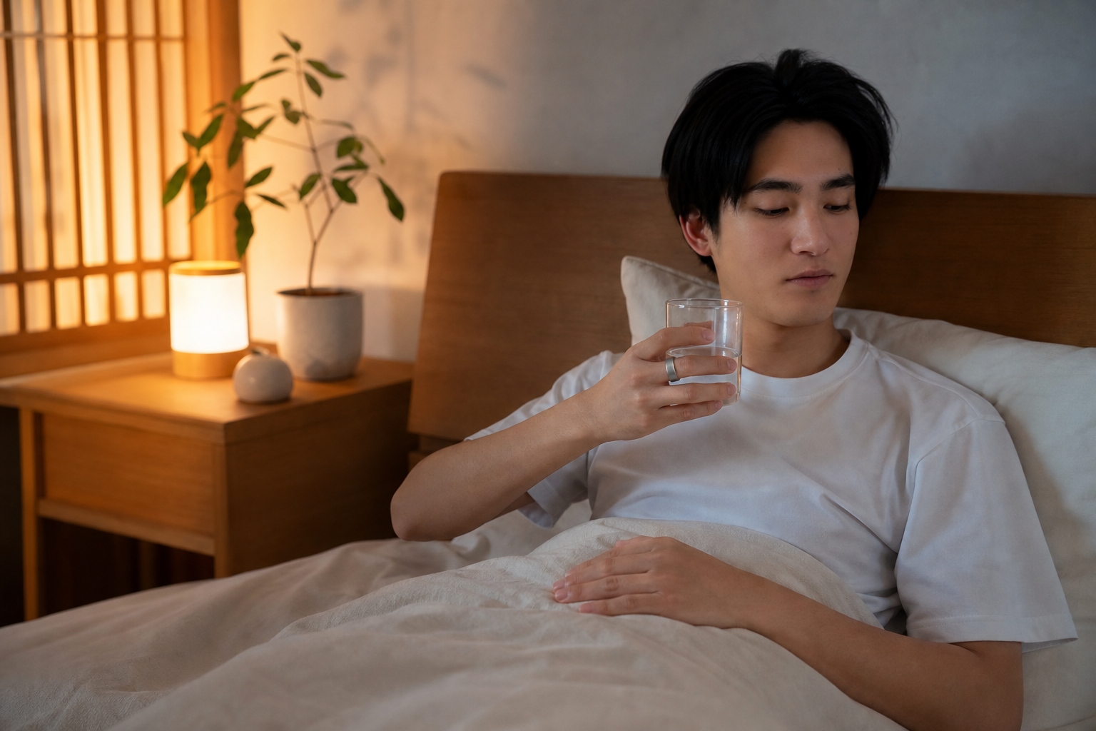 夜のベッドルームでスマートリングを着けてくつろぐ人物