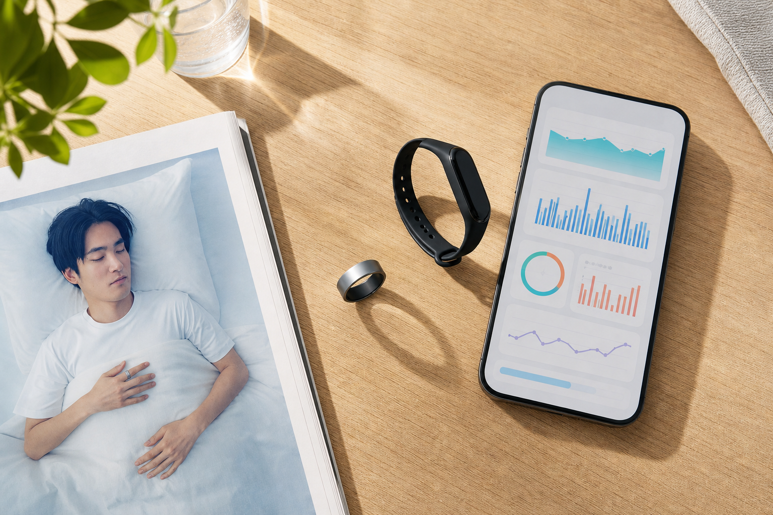 HRVと睡眠スコアの指標を示すデバイスとスマートフォン画面の俯瞰イメージ