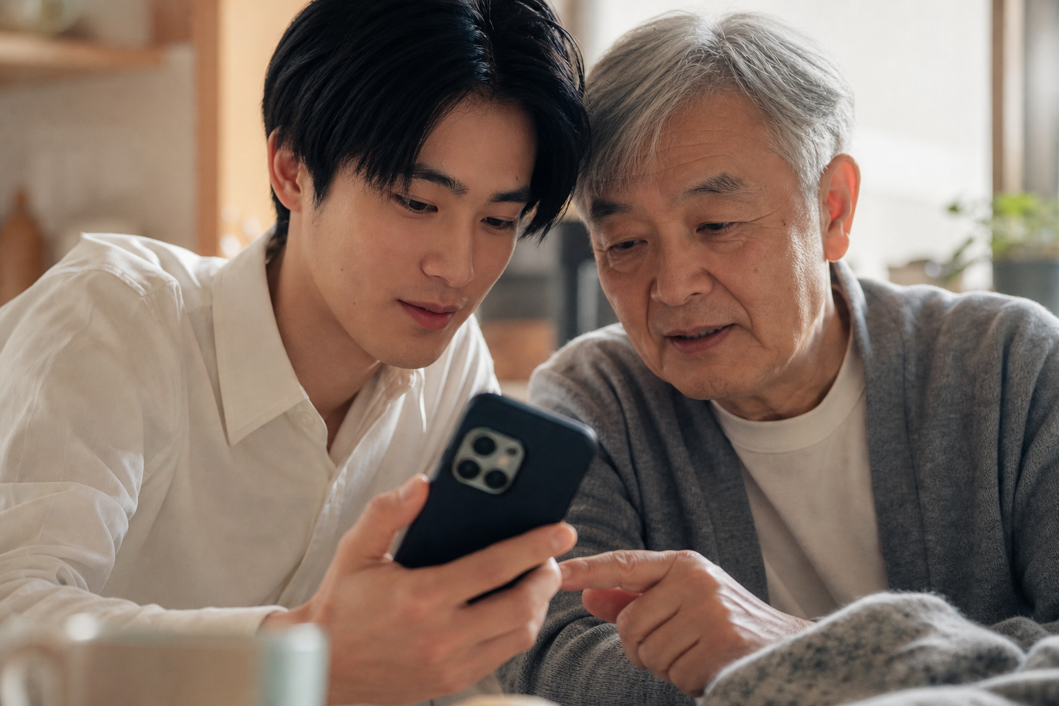 親子でスマートフォンのデータを一緒に確認している場面