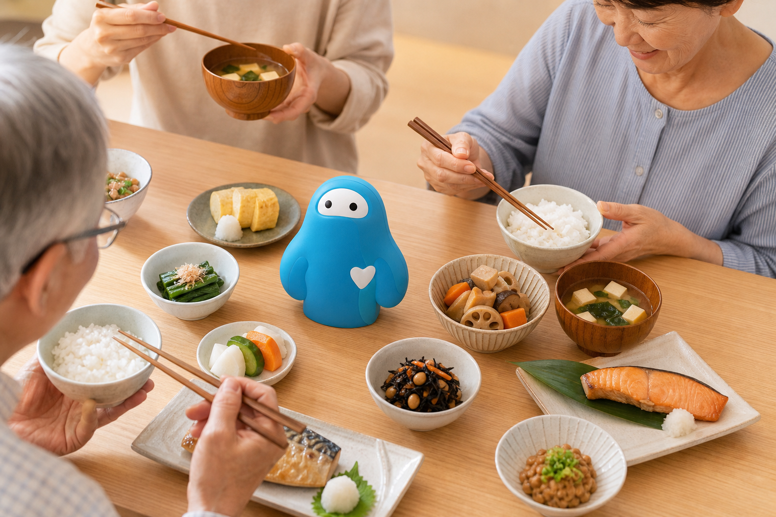 食事の様子を観察する帰省の場面