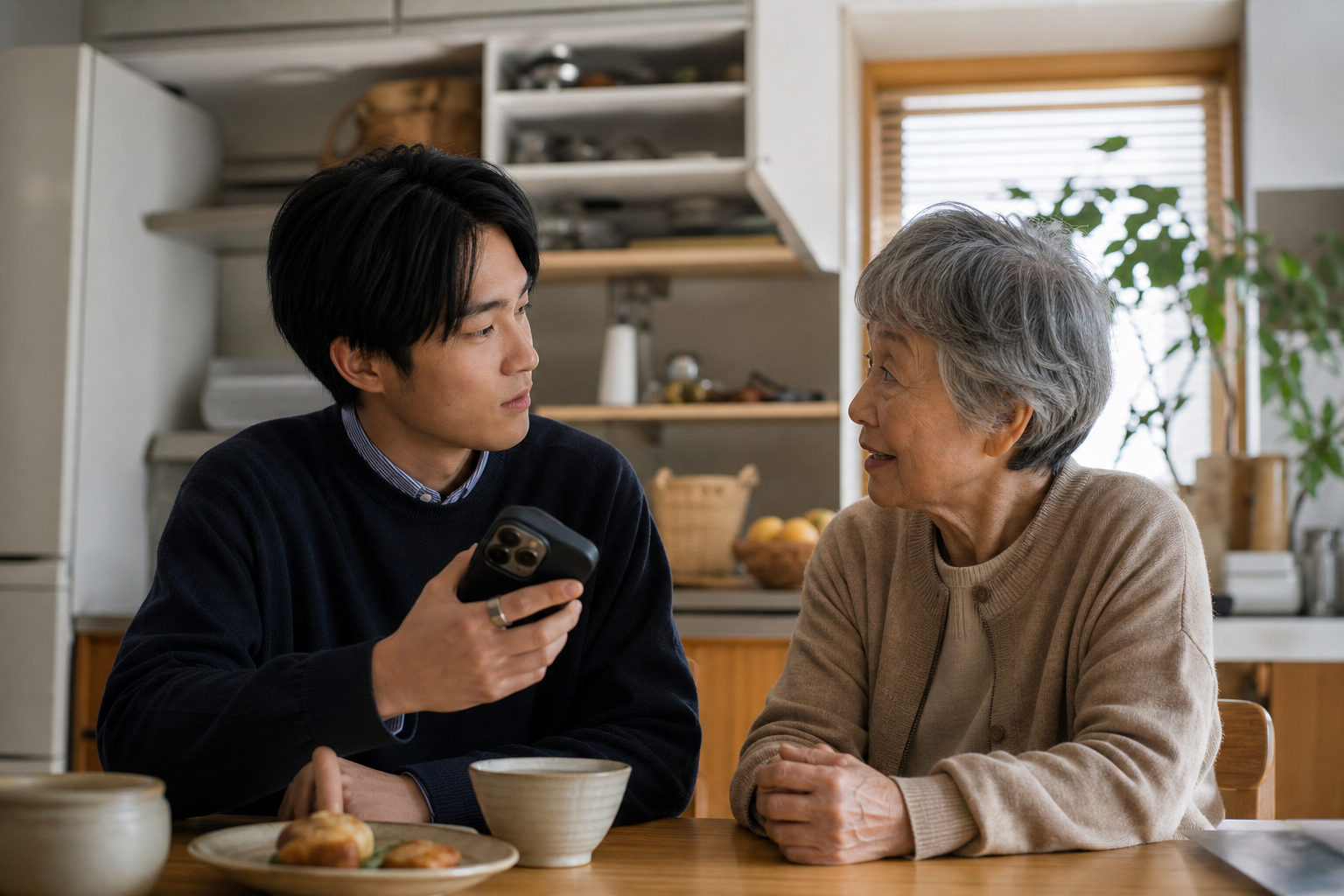 成人した子どもが高齢の親と話す温かい家族の情景