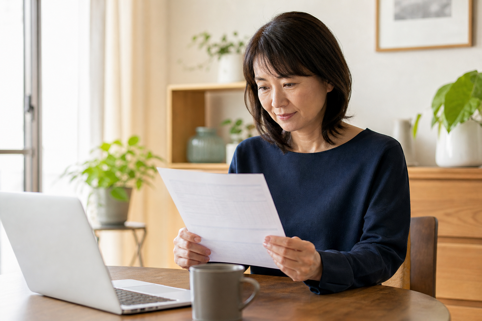 健康診断の結果票を確認する男性