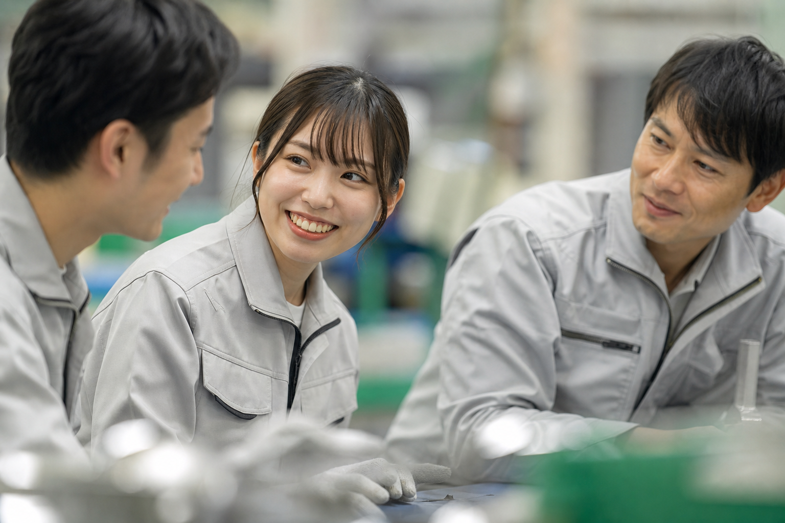 製造現場でミーティングをする従業員たち
