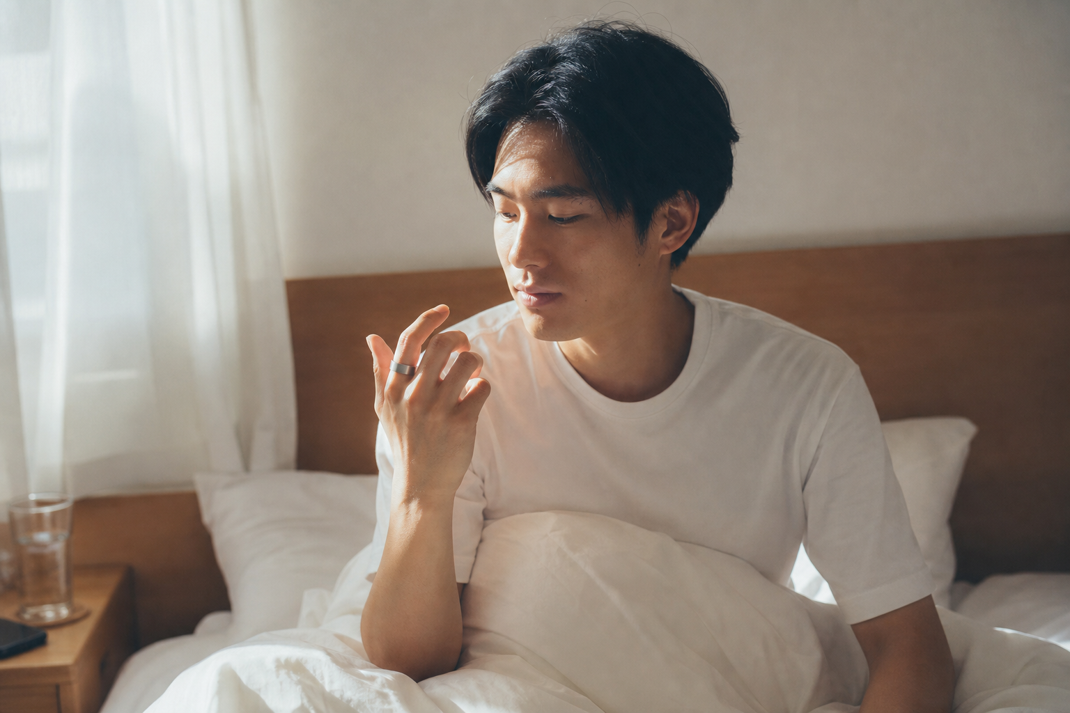 朝起きてスマートリングを確認する人物
