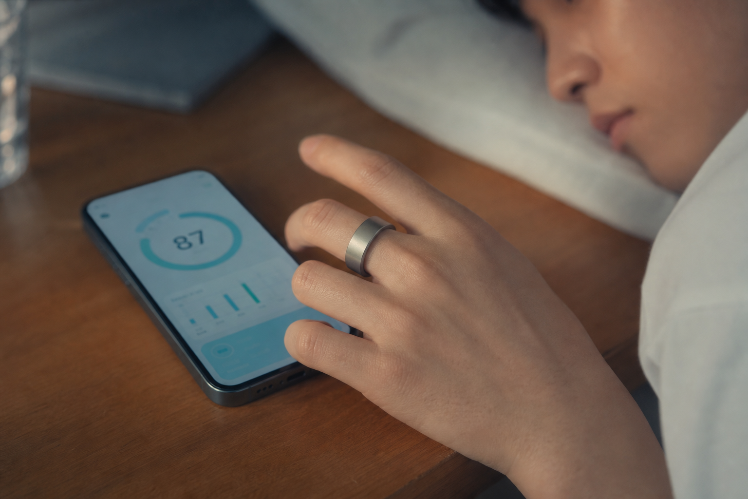 スマートリカバリーリングと睡眠スコア画面の手元