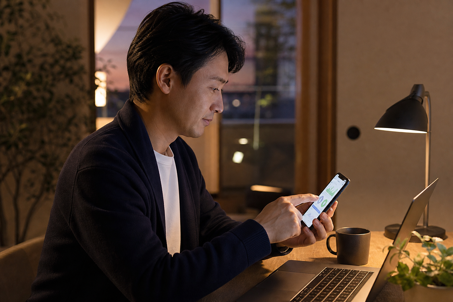 管理職がHRVデータをスマートフォンで確認している情景