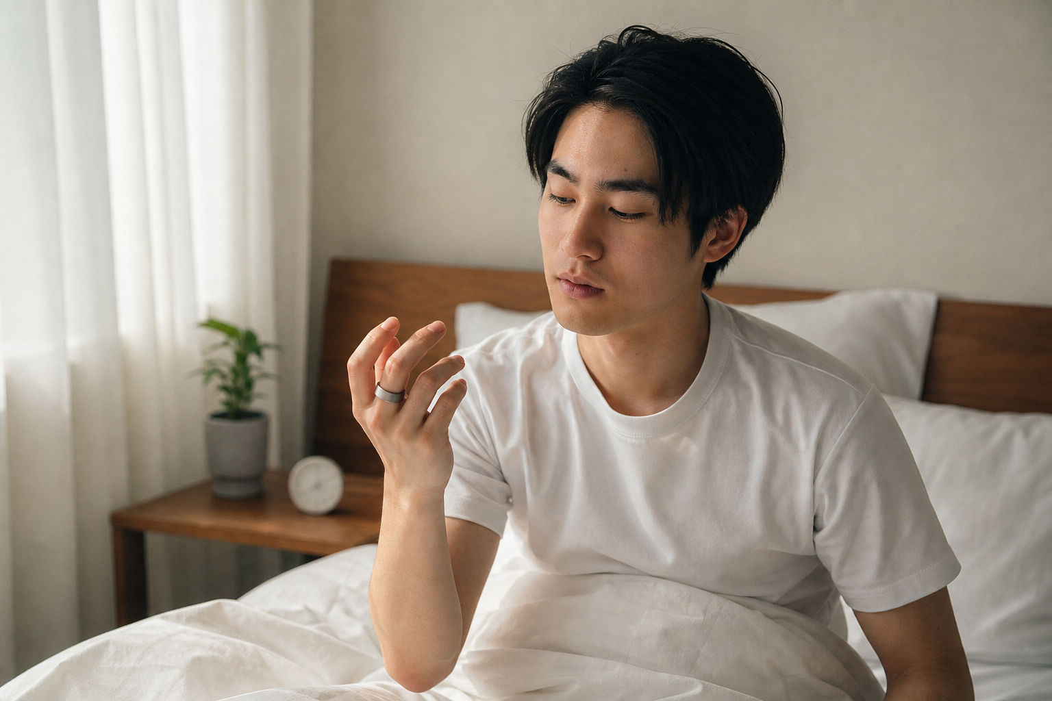 朝起きてスマートリングのデータを確認する人