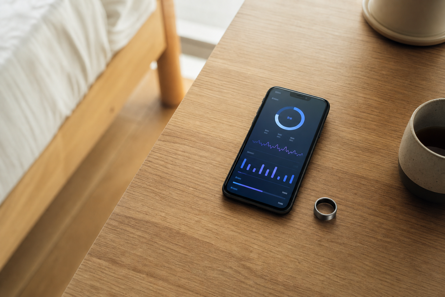 スマートフォンに表示された睡眠スコアとスマートリカバリーリングの俯瞰ショット