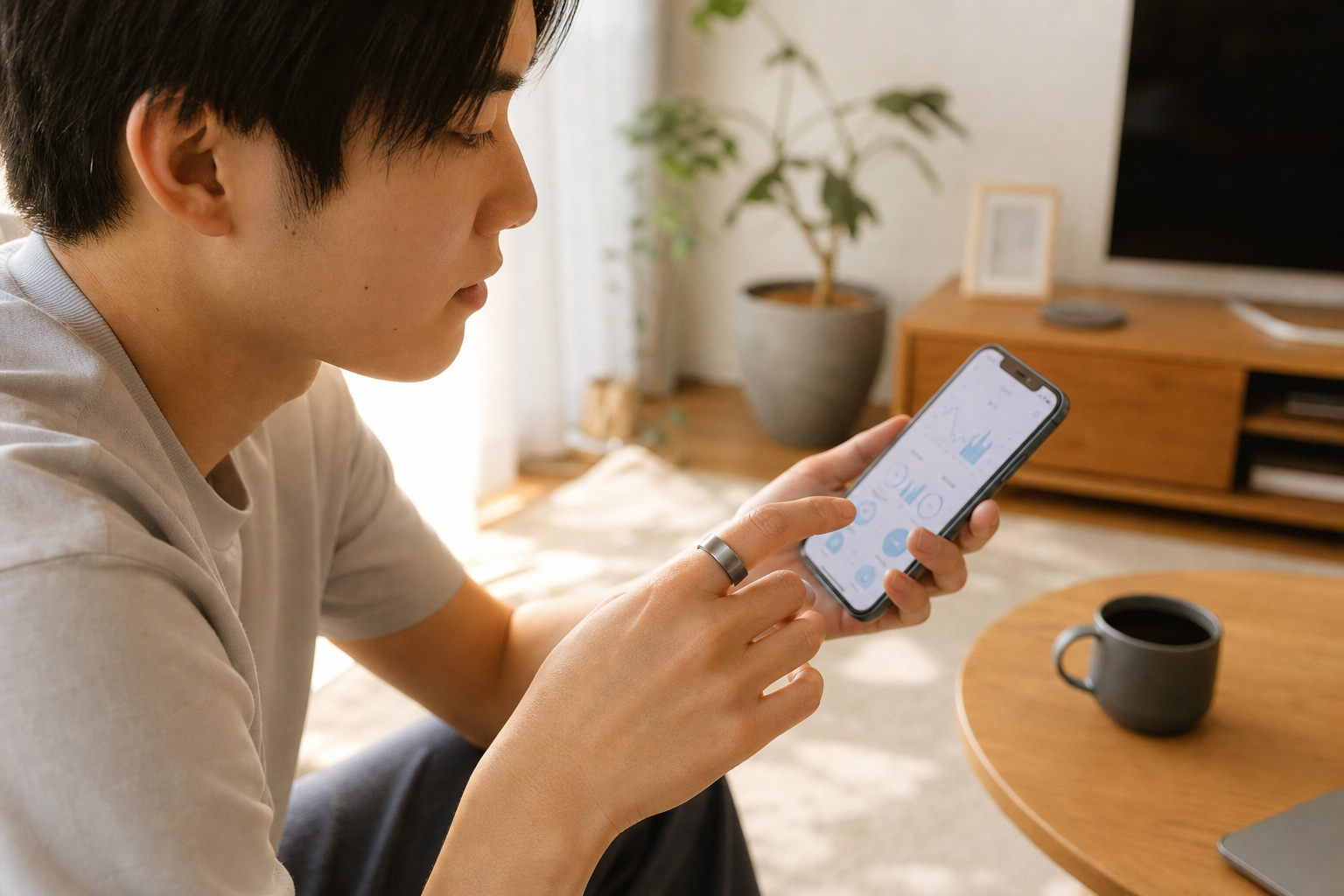 HRV計測スマートリングとアプリの手元ショット