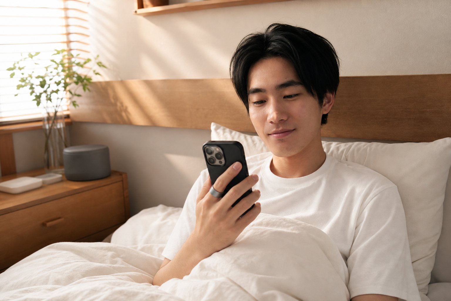 朝にスマートリングで回復スコアを確認してすっきりとした表情の人物