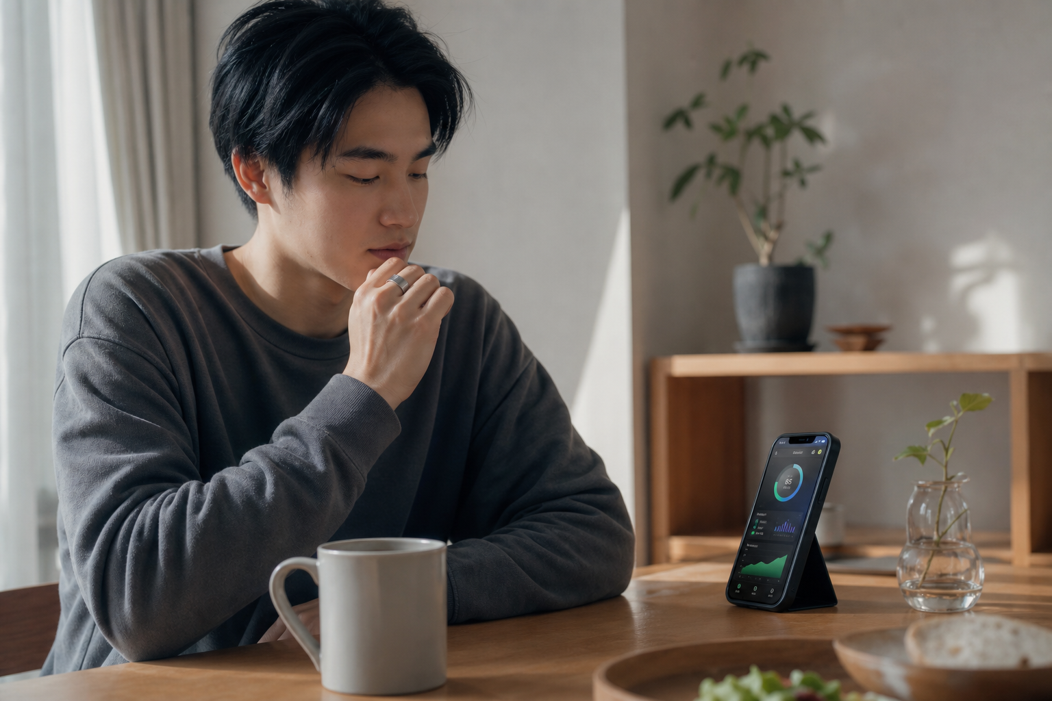 朝のテーブルに置かれたスマートフォンの睡眠・回復スコア画面