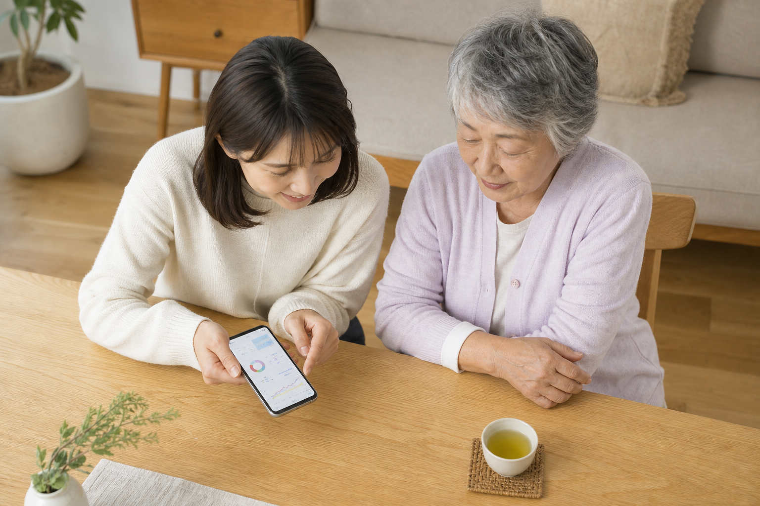 離れて暮らす家族がスマートフォンで親の健康データを確認するシーン