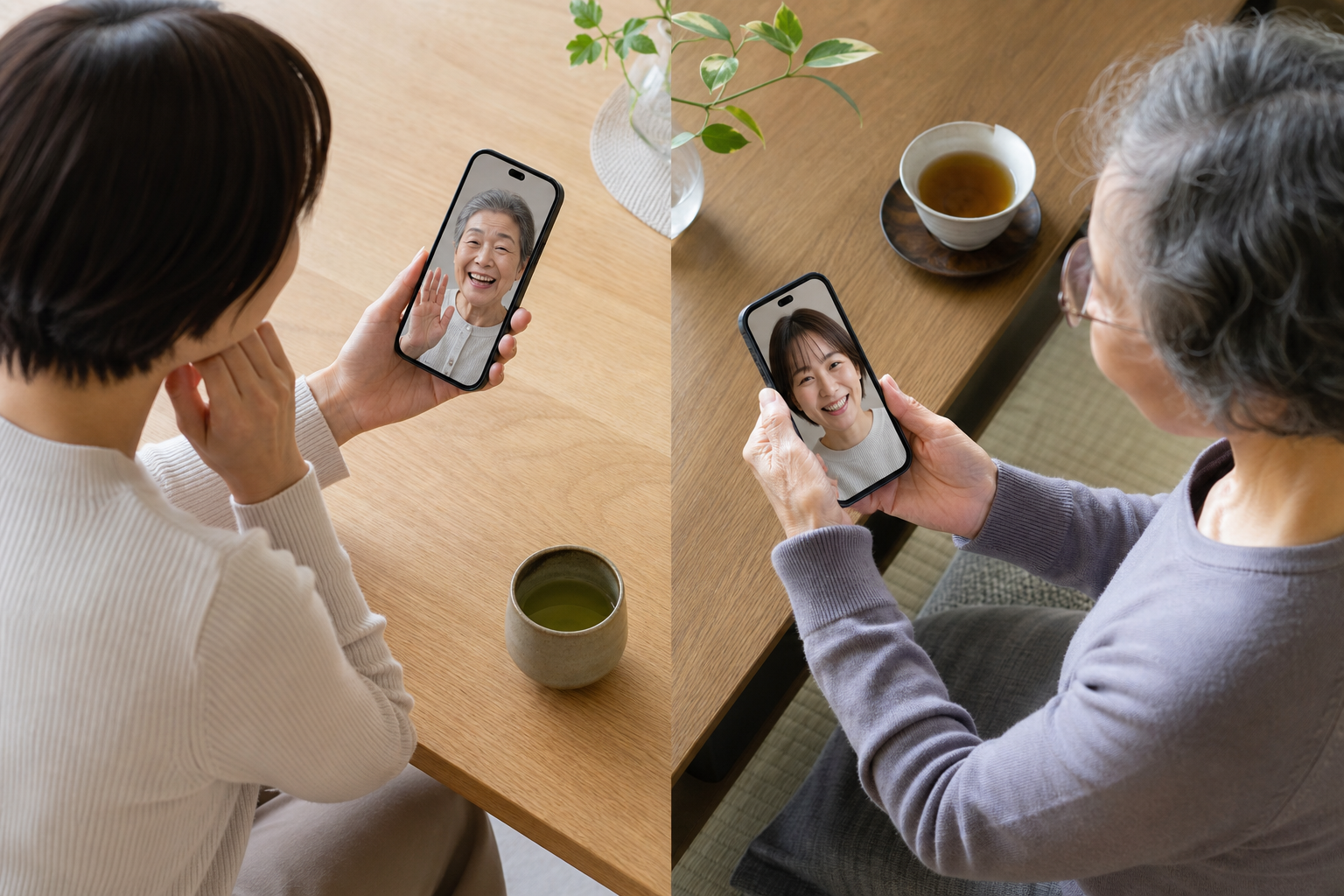 離れた家族がアプリで健康データを共有するイメージ