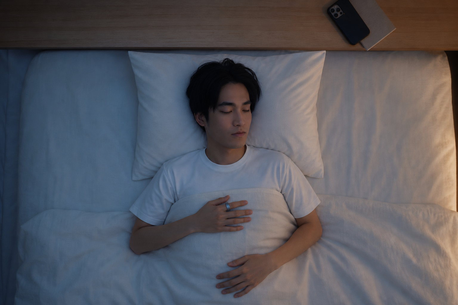 スマートリカバリーリングを着けて眠る就寝シーン