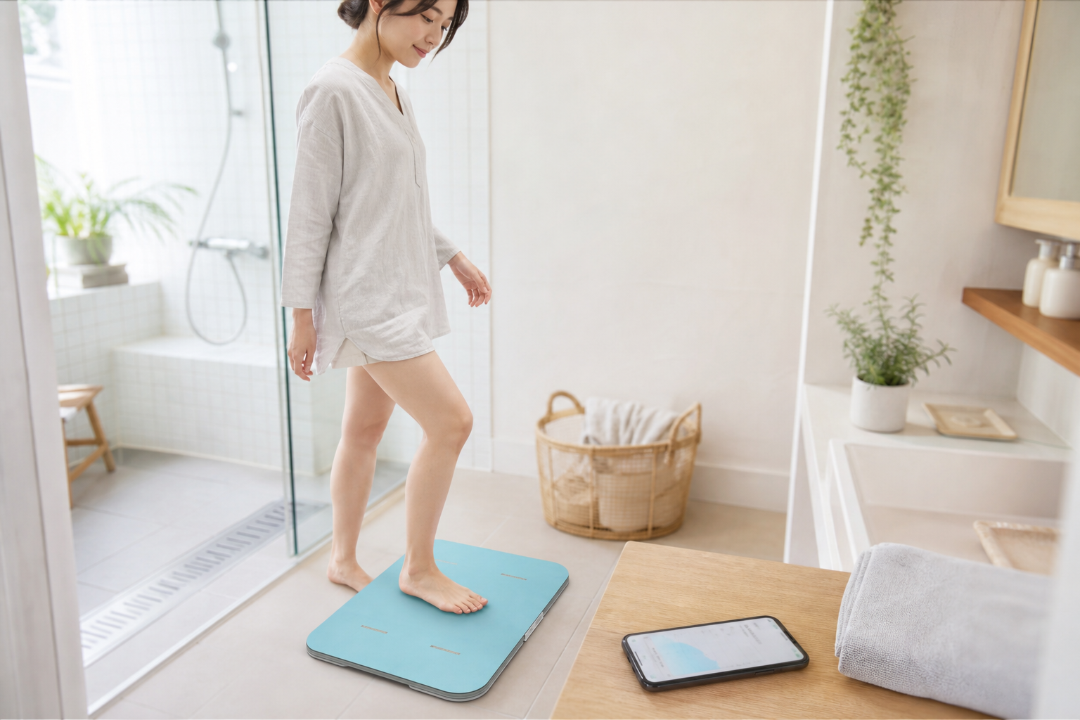 お風呂上がりにスマートバスマットで体組成を計測する朝の習慣