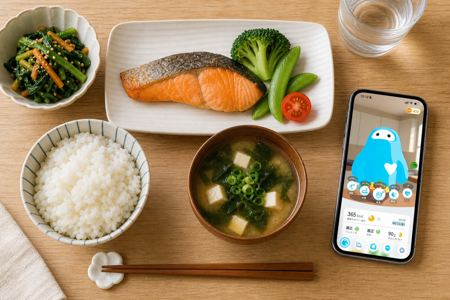 食事と栄養管理アプリを並べた俯瞰の食卓シーン