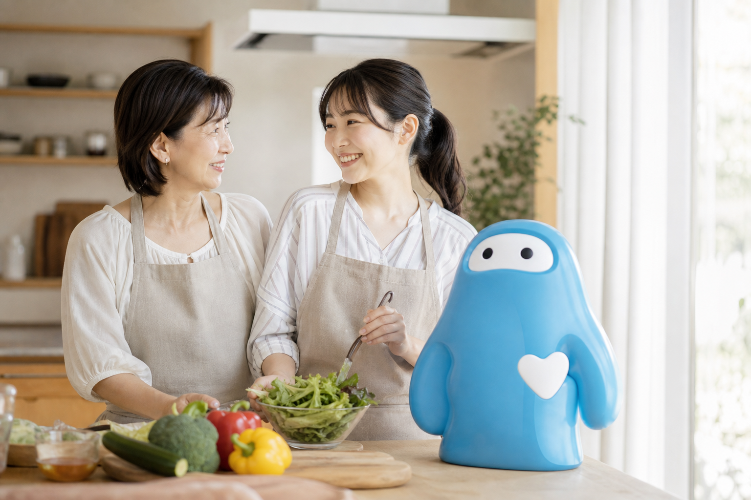 健康アプリを一緒に確認する母と娘の温かいシーン