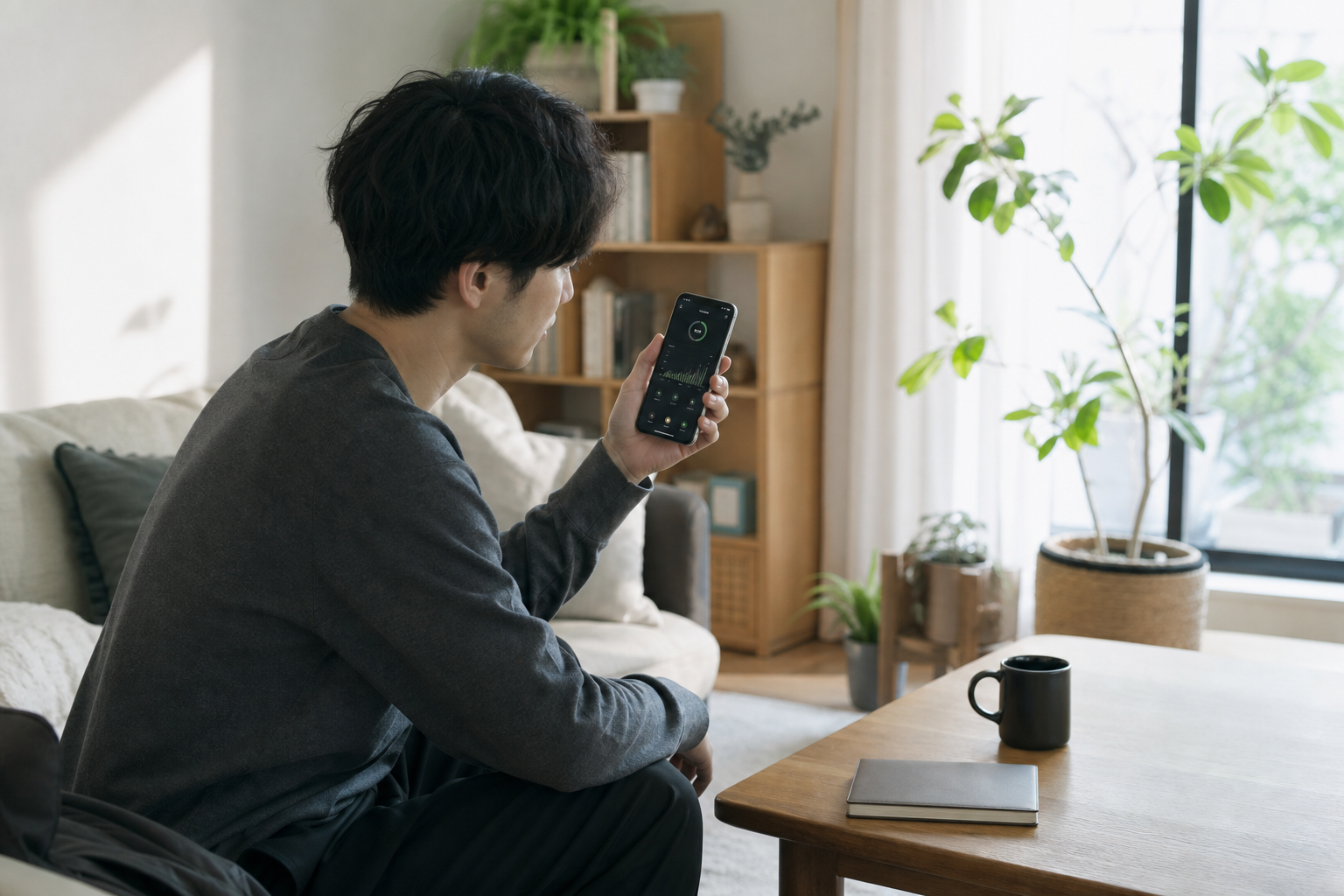 新生活の朝に健康データを確認する生活シーン