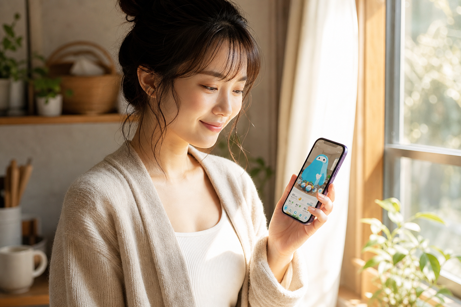 スマートフォンで健康記録を確認する朝の習慣