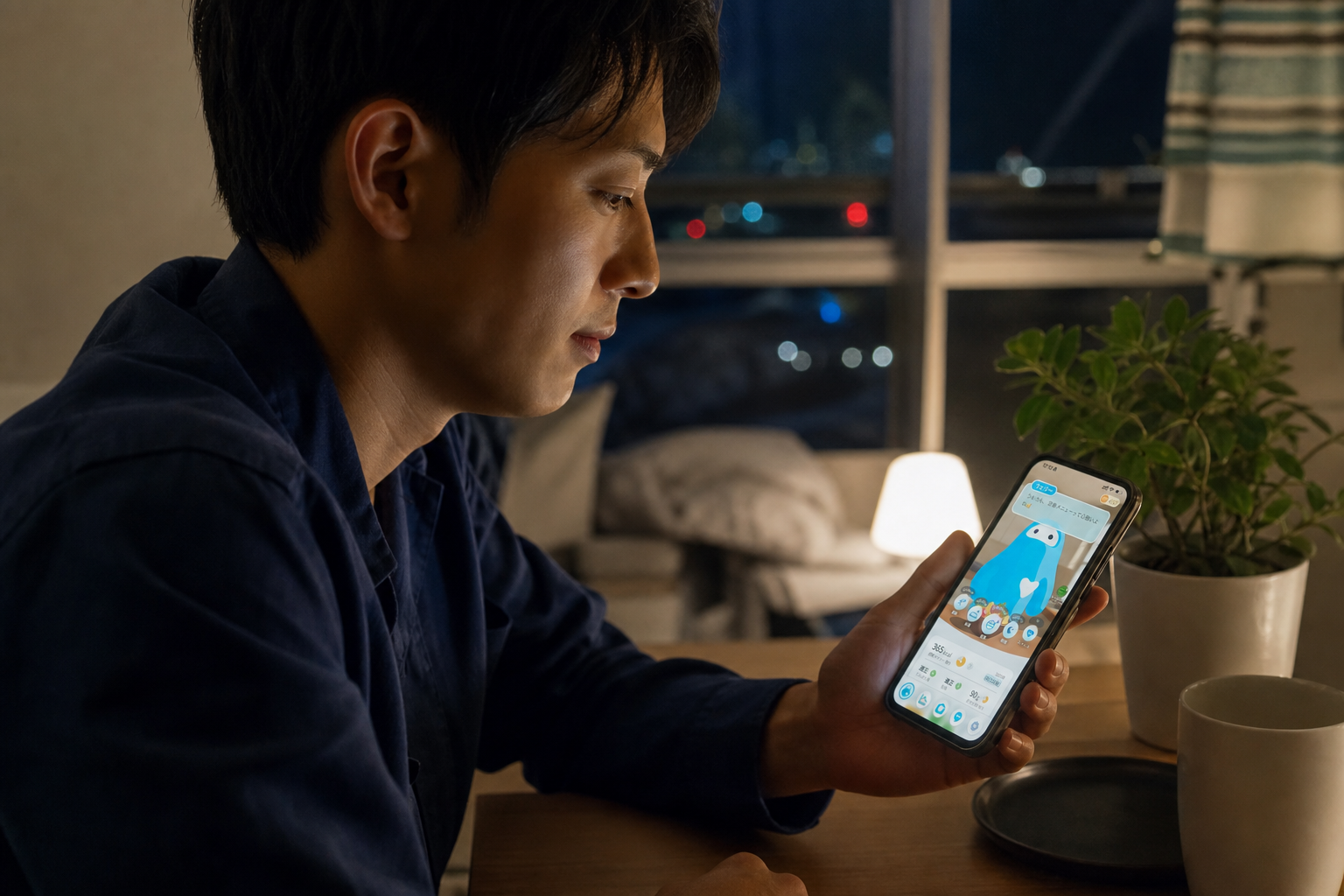 夜勤従業員がスマートフォンで健康アプリを確認している情景