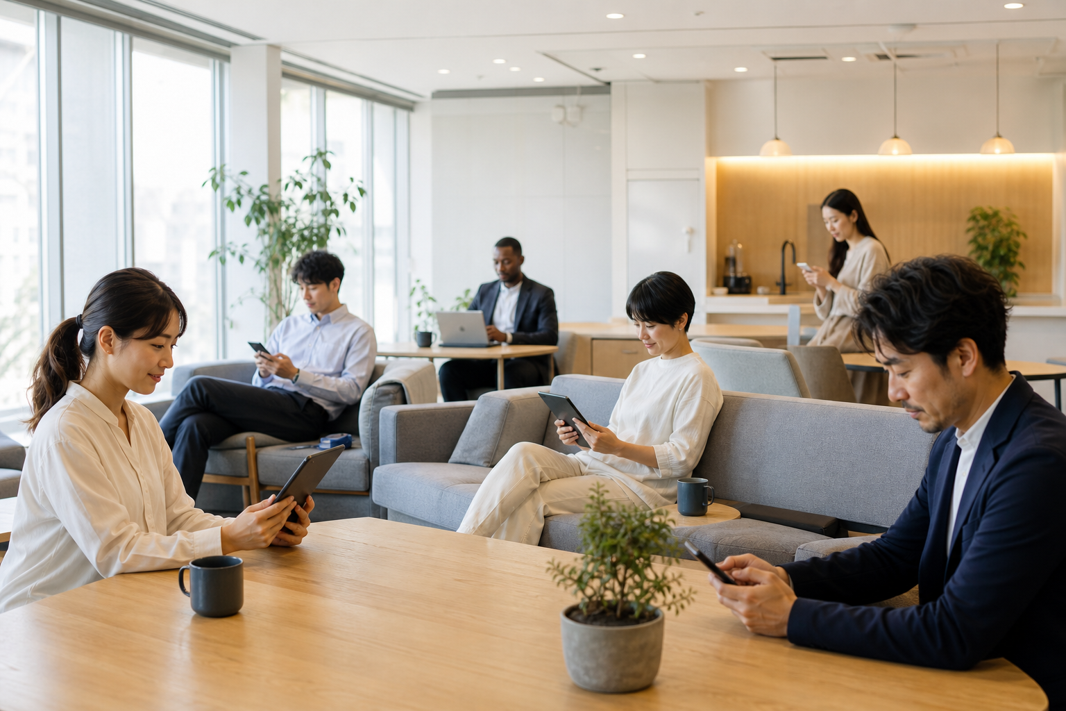 多様なバックグラウンドの従業員がタブレットでオンラインストレスチェックを回答している様子
