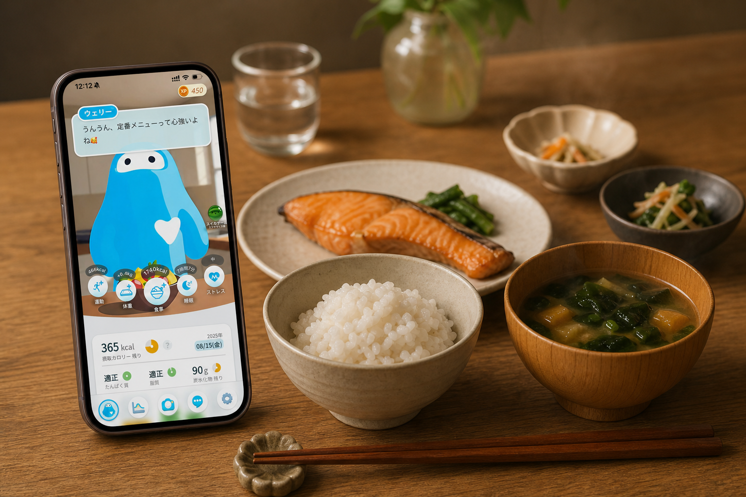 食事管理アプリのスマートフォン画面と健康的な夕食のシーン