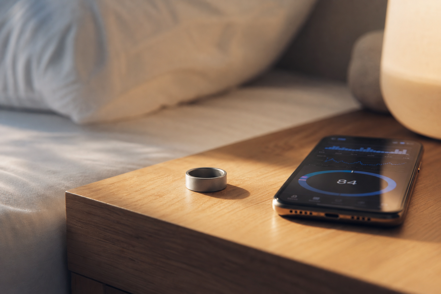スマートリカバリーリングと睡眠スコア画面のクローズアップ