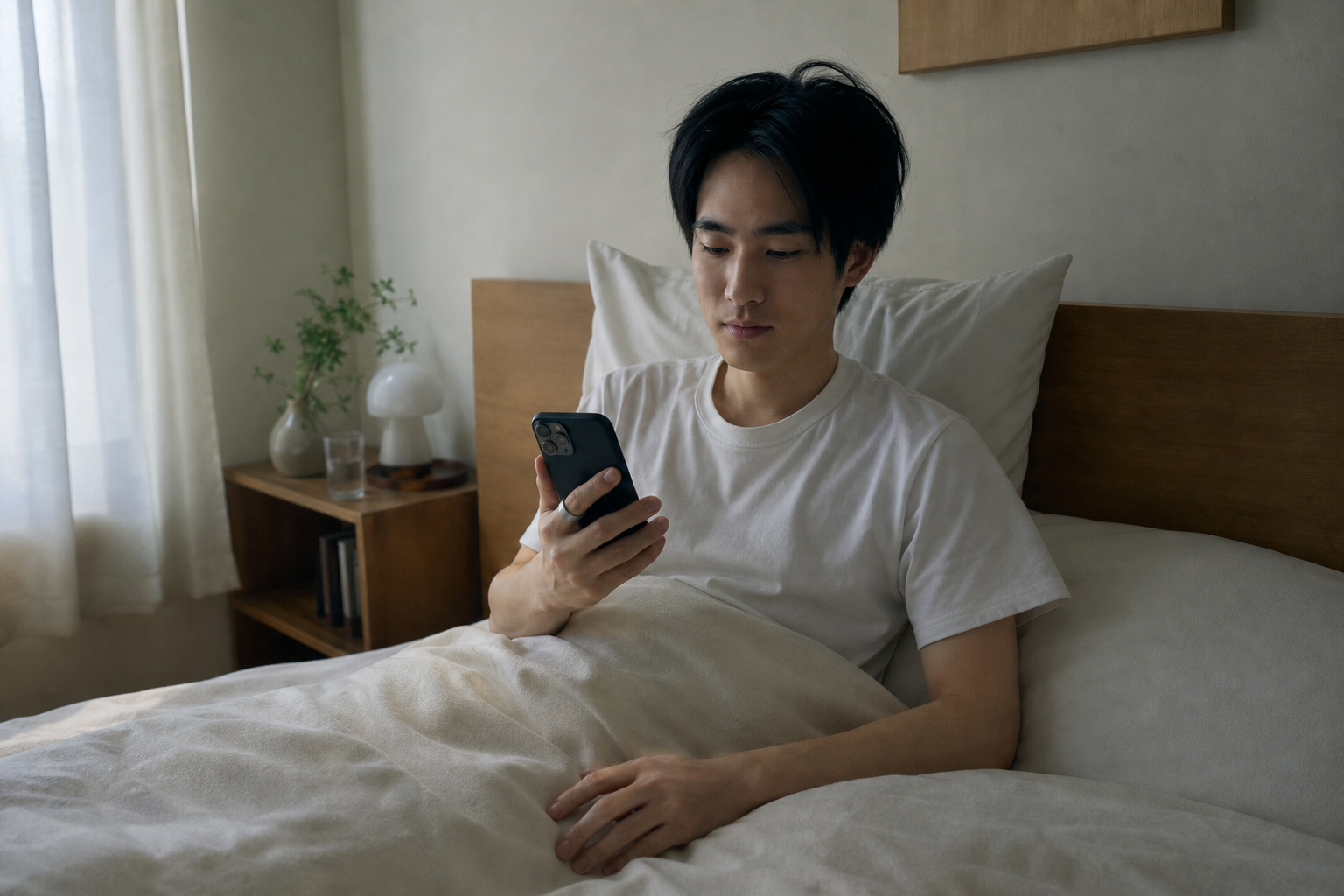 朝起きて睡眠スコアと体組成データを確認する人物