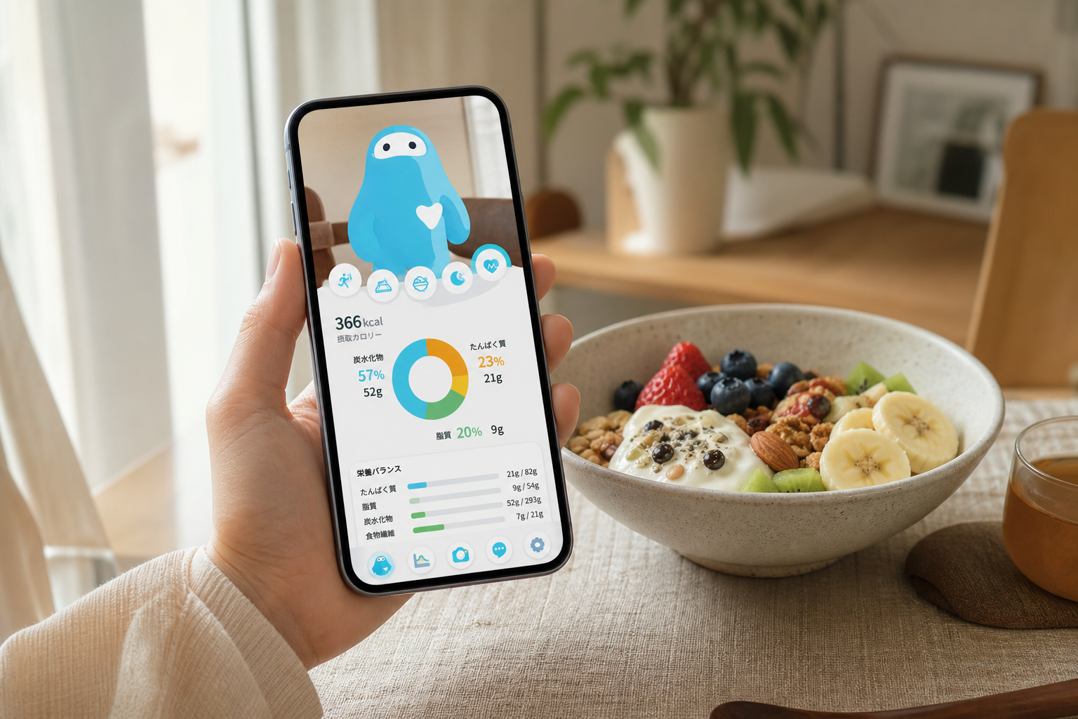 スマートフォンでAIが食事解析した画面のクローズアップ