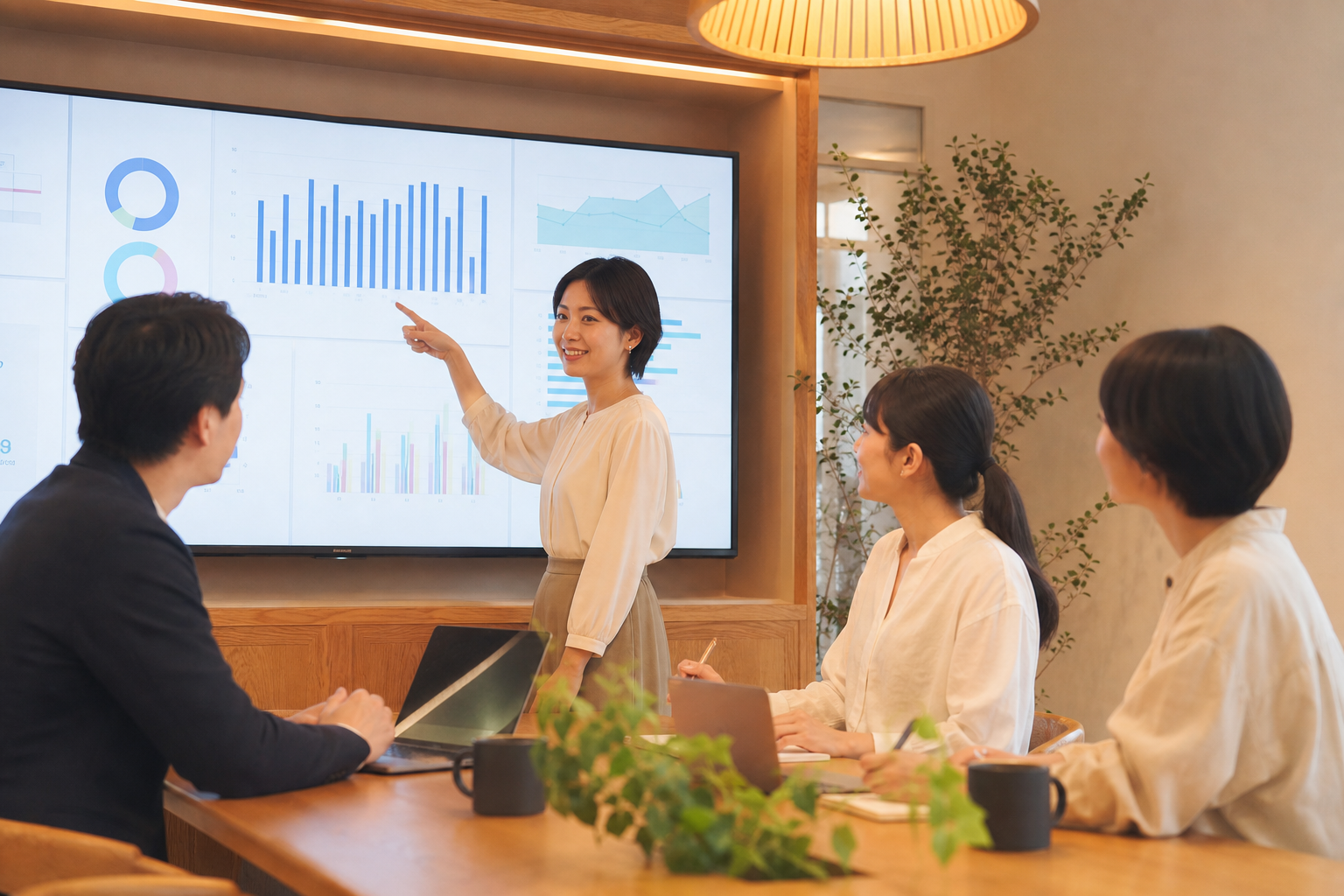 人事チームが健康データを会議室で分析している情景