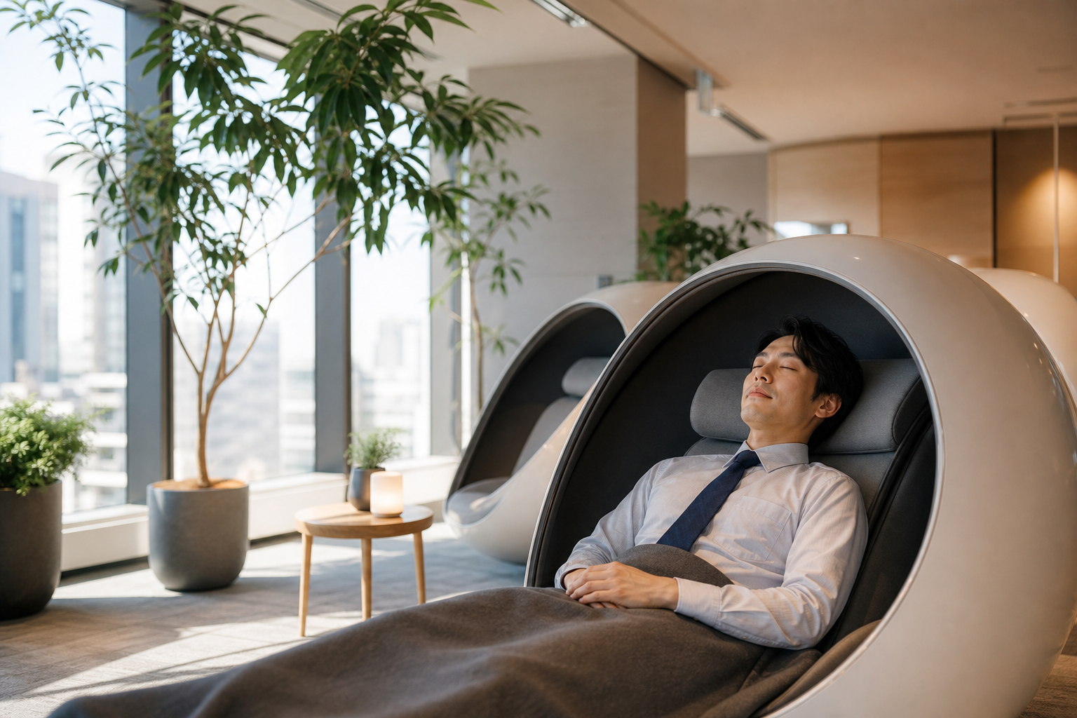 企業の仮眠室でリフレッシュする日本人ビジネスパーソン