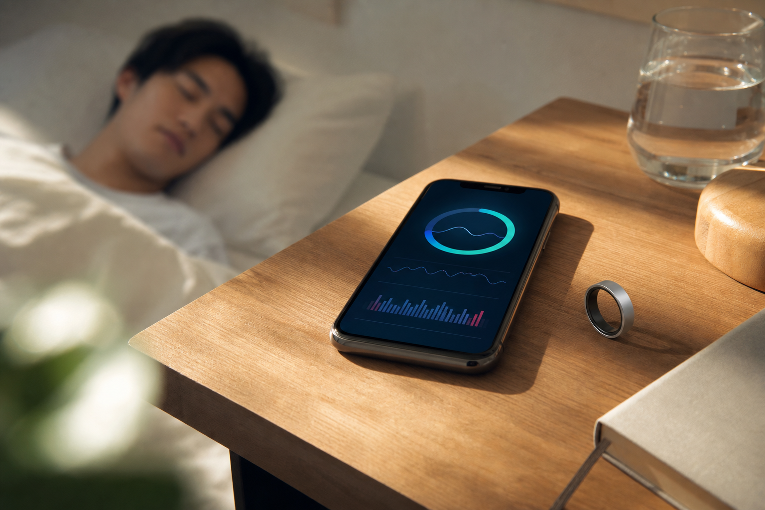 睡眠スコアを確認しながら朝のコーヒーを飲む手元