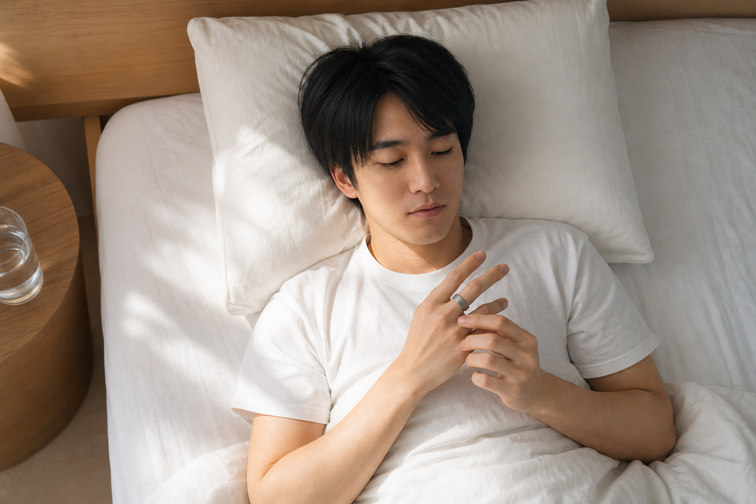 朝の寝室でスマートリングを確認する人物
