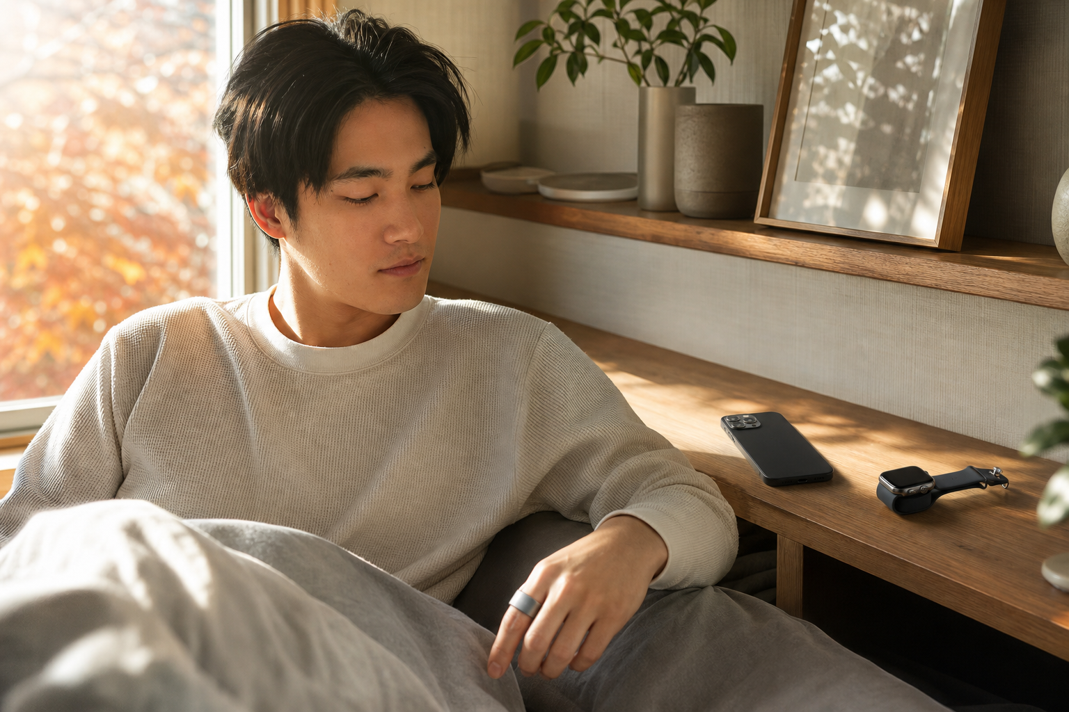 秋の朝、棚に並ぶスマートデバイスのヒーロー画像