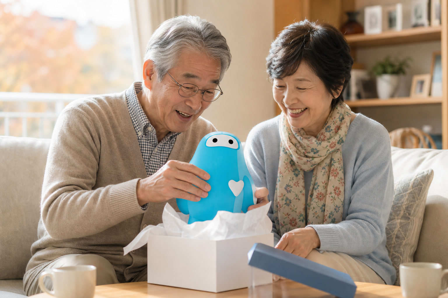 敬老の日に健康家電ギフトを受け取る高齢夫婦の温かいシーン