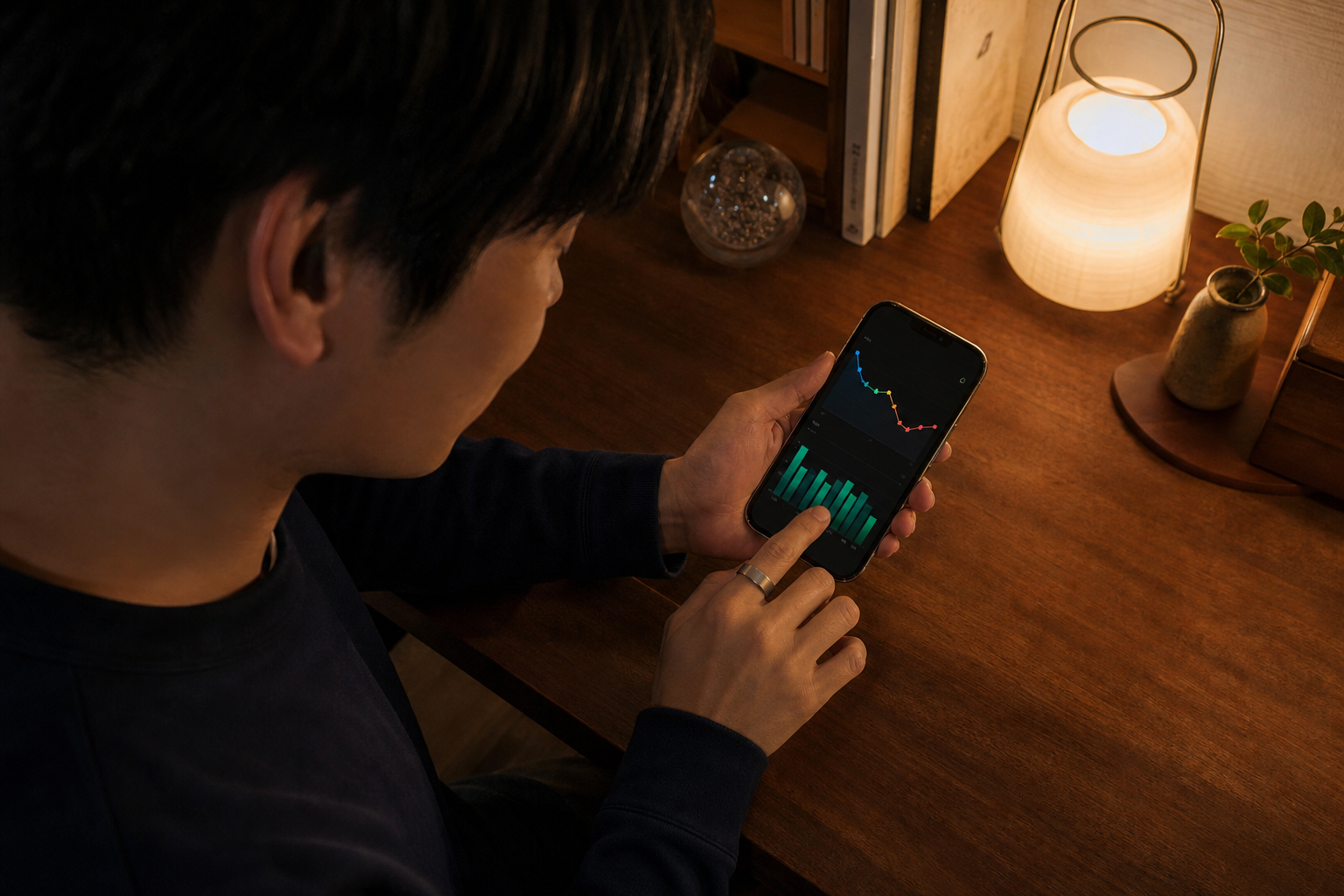 スマートフォン画面に表示された週次睡眠スコアとリカバリー指数のグラフ俯瞰