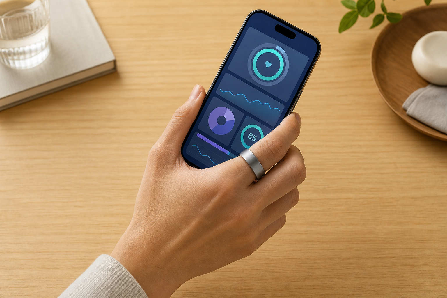 スマートフォンで健康スコアを確認する手元