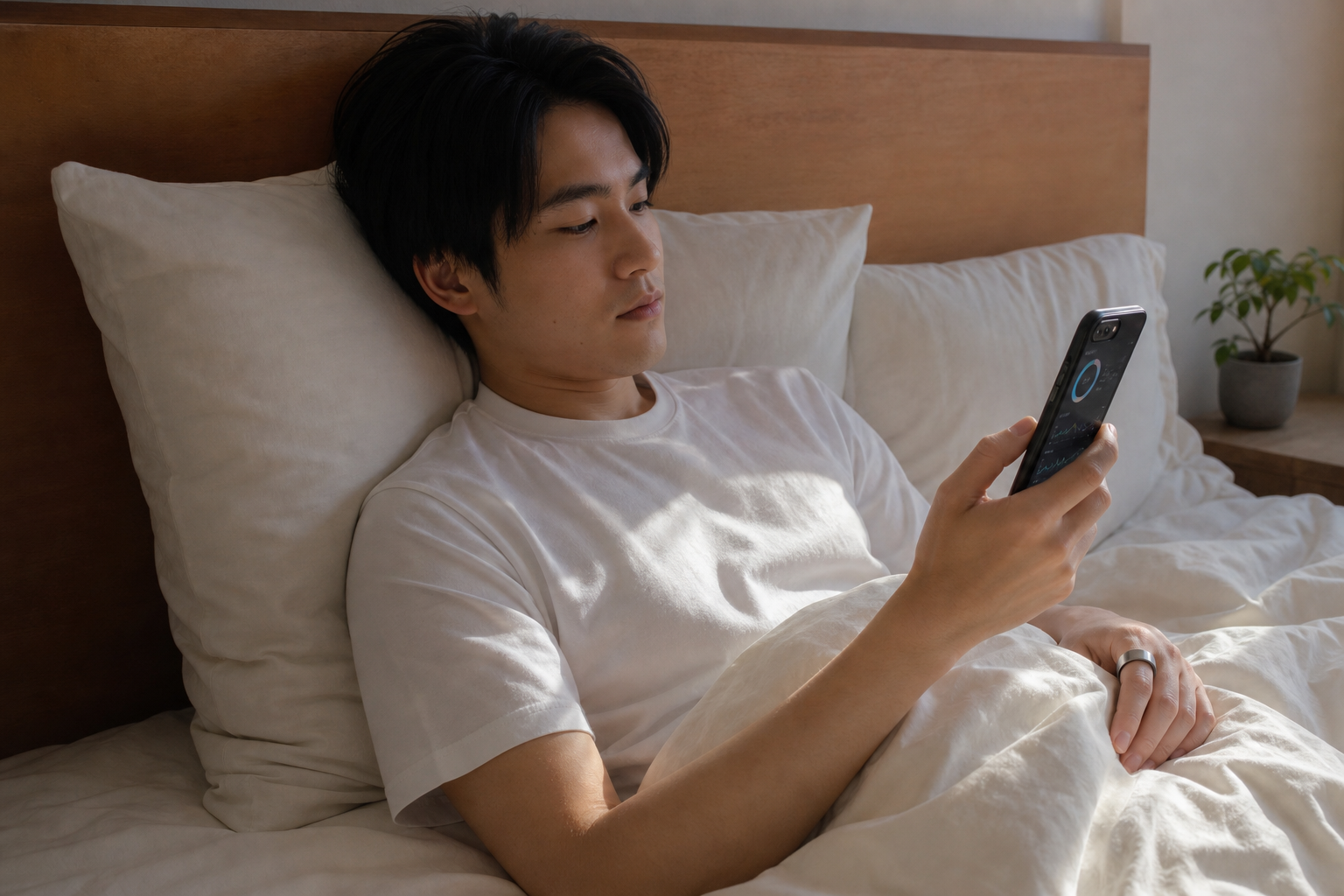 朝の習慣としてスマートリングのスコアを確認するシーン