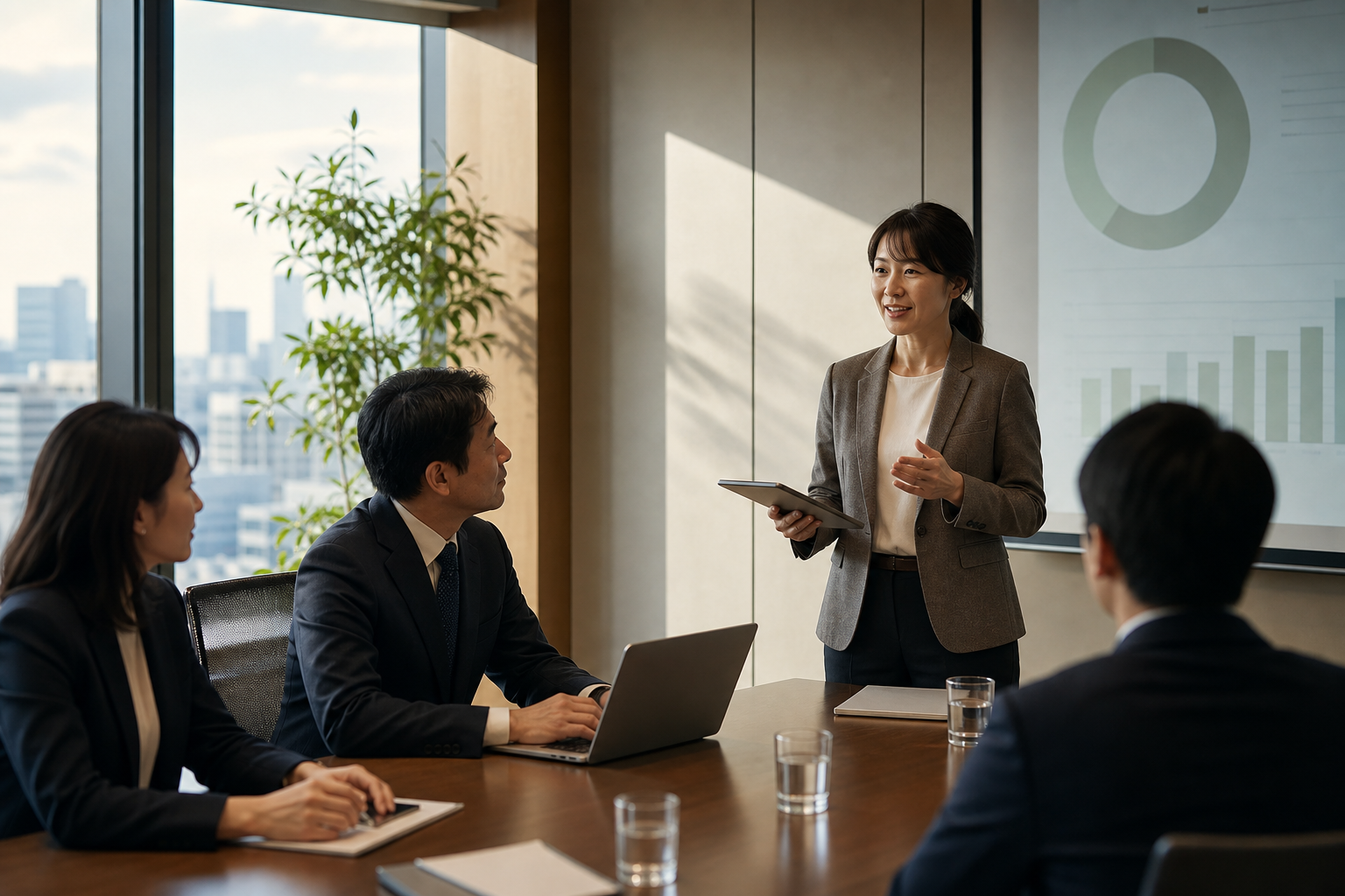 人事担当者が会議室で経営層に健康経営レポートを報告している場面